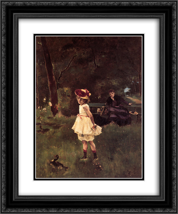 Girl with Duck 20x24 Black Ornate Wood Framed Art Print Poster with Double Matting by Stevens, Alfred