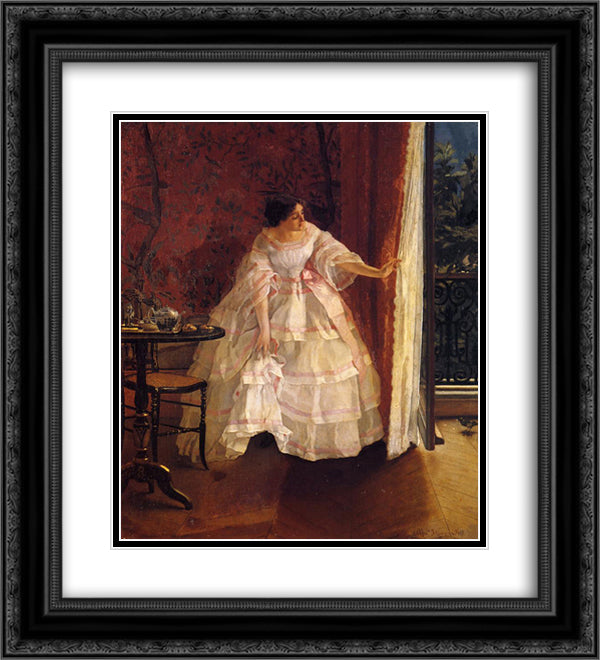 Lady at a Window Feeding Birds 20x22 Black Ornate Wood Framed Art Print Poster with Double Matting by Stevens, Alfred