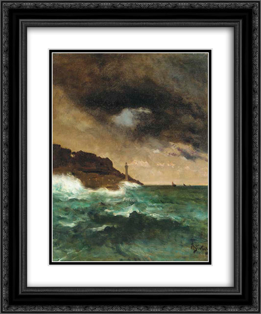 Lighthouse at dusk 20x24 Black Ornate Wood Framed Art Print Poster with Double Matting by Stevens, Alfred