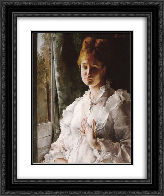 Portrait of a Woman in White 20x24 Black Ornate Wood Framed Art Print Poster with Double Matting by Stevens, Alfred