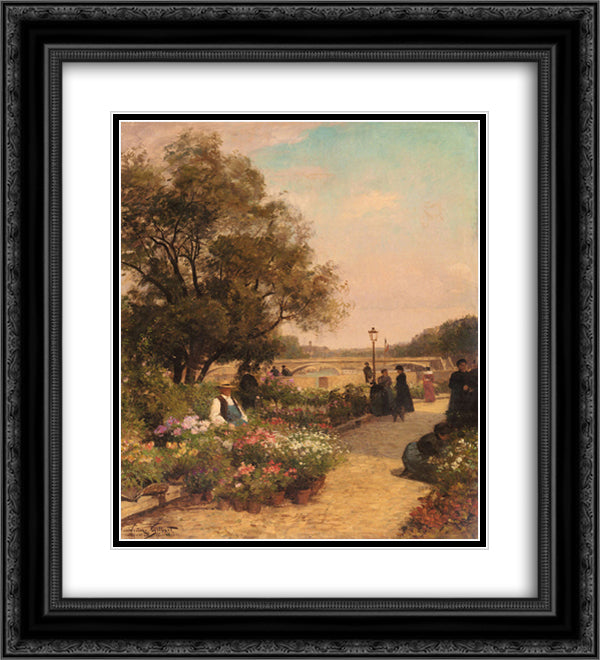 Quai Aux Fleurs 20x22 Black Ornate Wood Framed Art Print Poster with Double Matting by Stevens, Alfred