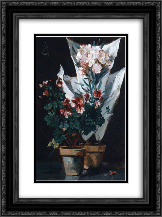 Still Life with Potted Geraniums 18x24 Black Ornate Wood Framed Art Print Poster with Double Matting by Stevens, Alfred