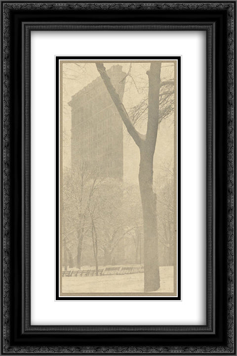 The Flatiron Building 16x24 Black Ornate Wood Framed Art Print Poster with Double Matting by Stieglitz, Alfred