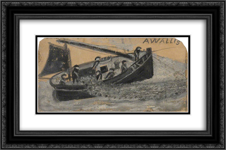 Boat with Fishermen Letting Out Nets 24x16 Black Ornate Wood Framed Art Print Poster with Double Matting by Wallis, Alfred