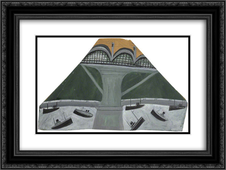 Boats under Saltash Bridge (Royal Albert Bridge) 24x18 Black Ornate Wood Framed Art Print Poster with Double Matting by Wallis, Alfred