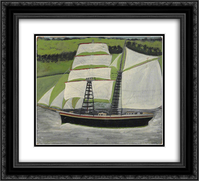 Brigantine Sailing Past Green Fields 22x20 Black Ornate Wood Framed Art Print Poster with Double Matting by Wallis, Alfred