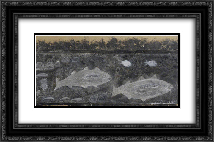 Fishes and Lobster Pots 24x16 Black Ornate Wood Framed Art Print Poster with Double Matting by Wallis, Alfred