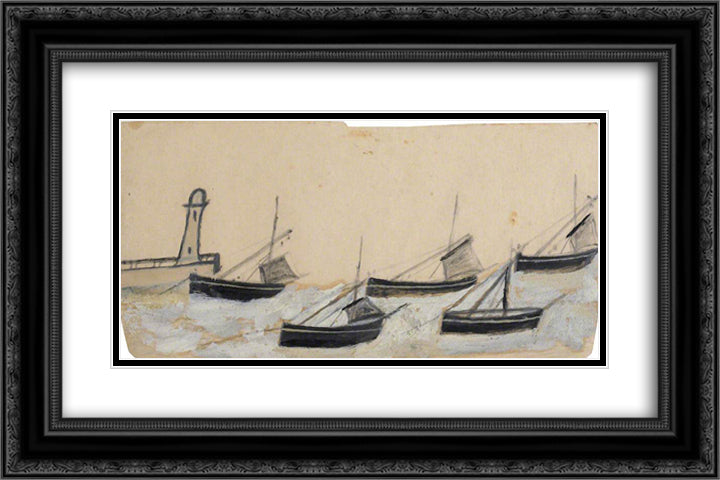 Five Fishing Boats Anchored by Pier and Lighthouse 24x16 Black Ornate Wood Framed Art Print Poster with Double Matting by Wallis, Alfred