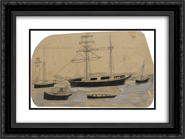 Five Ships in Port with Lighthouse 24x18 Black Ornate Wood Framed Art Print Poster with Double Matting by Wallis, Alfred