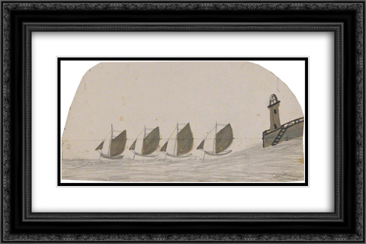Four Sailing Boats Leaving Pier with Lighthouse 24x16 Black Ornate Wood Framed Art Print Poster with Double Matting by Wallis, Alfred