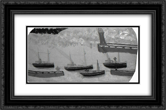 Four Steam Ships and Three Jetties 24x16 Black Ornate Wood Framed Art Print Poster with Double Matting by Wallis, Alfred