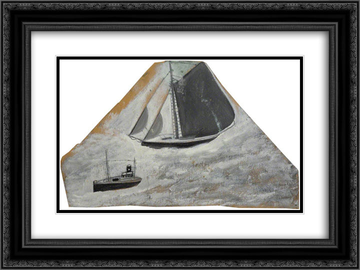 Grey Sailing Ship and Small Boat 24x18 Black Ornate Wood Framed Art Print Poster with Double Matting by Wallis, Alfred