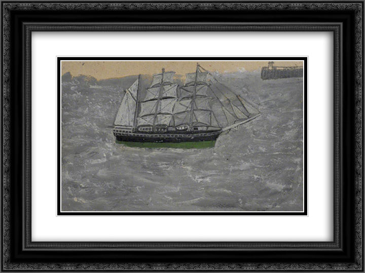 Grey Three-Master 24x18 Black Ornate Wood Framed Art Print Poster with Double Matting by Wallis, Alfred
