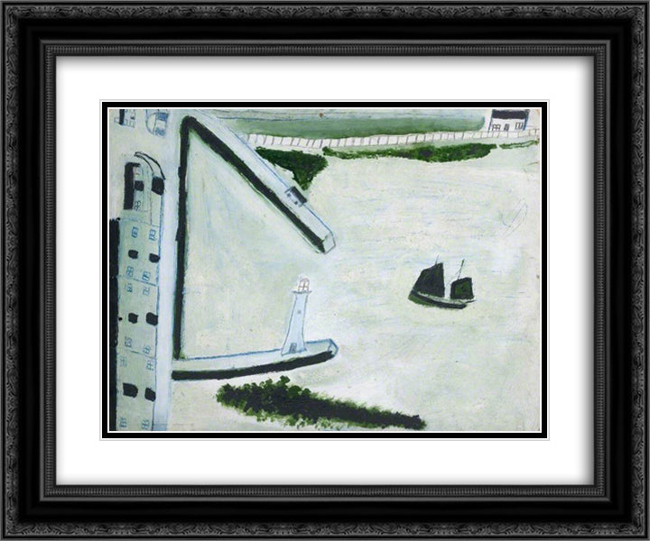Harbour and Sailing Ship 24x20 Black Ornate Wood Framed Art Print Poster with Double Matting by Wallis, Alfred