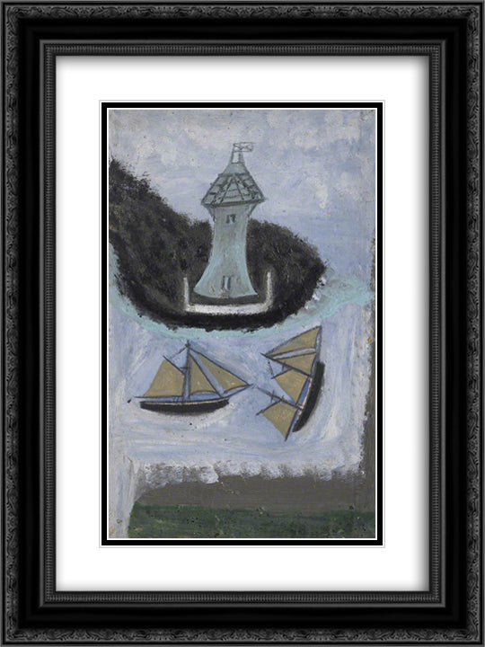Lighthouse and Two Sailing Ships 18x24 Black Ornate Wood Framed Art Print Poster with Double Matting by Wallis, Alfred