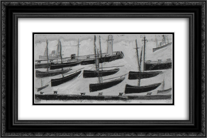 Nine Ships in Harbour 24x16 Black Ornate Wood Framed Art Print Poster with Double Matting by Wallis, Alfred