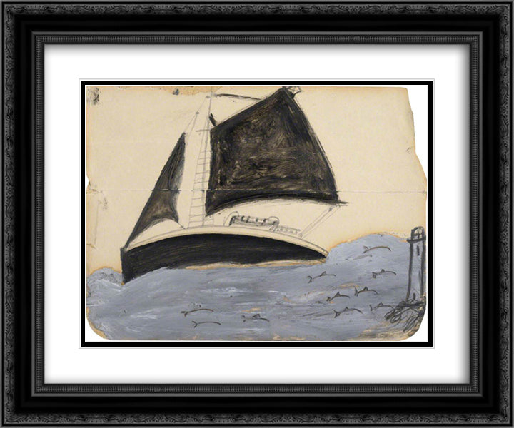 Sailing Ship and Porpoises 24x20 Black Ornate Wood Framed Art Print Poster with Double Matting by Wallis, Alfred