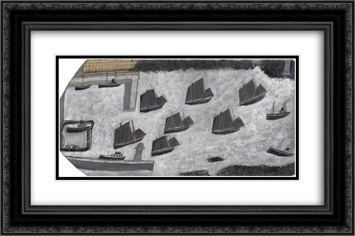 Sailing Ships and Two Steamers, Newlyn Harbour 24x16 Black Ornate Wood Framed Art Print Poster with Double Matting by Wallis, Alfred