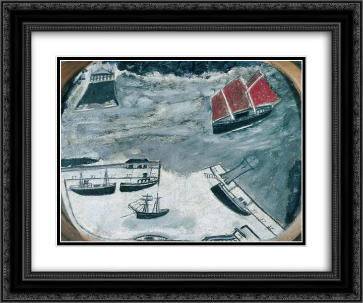 Schooner Approaching a Harbour 24x20 Black Ornate Wood Framed Art Print Poster with Double Matting by Wallis, Alfred