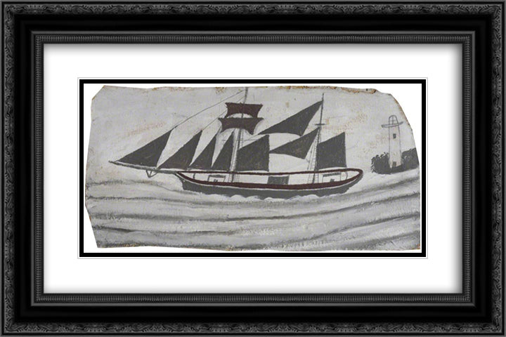 Schooner in Full Sail near a Lighthouse 24x16 Black Ornate Wood Framed Art Print Poster with Double Matting by Wallis, Alfred