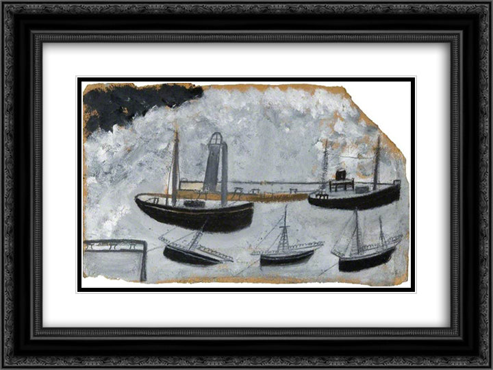 Ships in Harbour 24x18 Black Ornate Wood Framed Art Print Poster with Double Matting by Wallis, Alfred