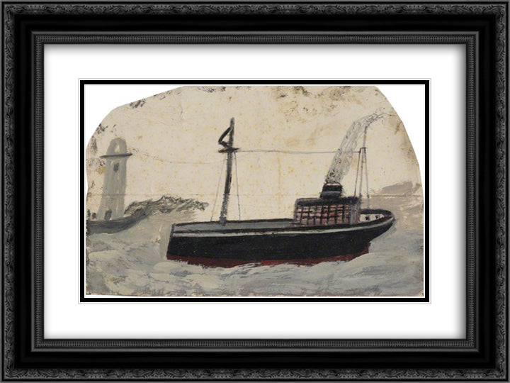 Small Black Steamer with Lighthouse 24x18 Black Ornate Wood Framed Art Print Poster with Double Matting by Wallis, Alfred