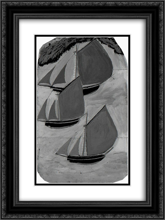 Three Grey-Sailed Ships 18x24 Black Ornate Wood Framed Art Print Poster with Double Matting by Wallis, Alfred