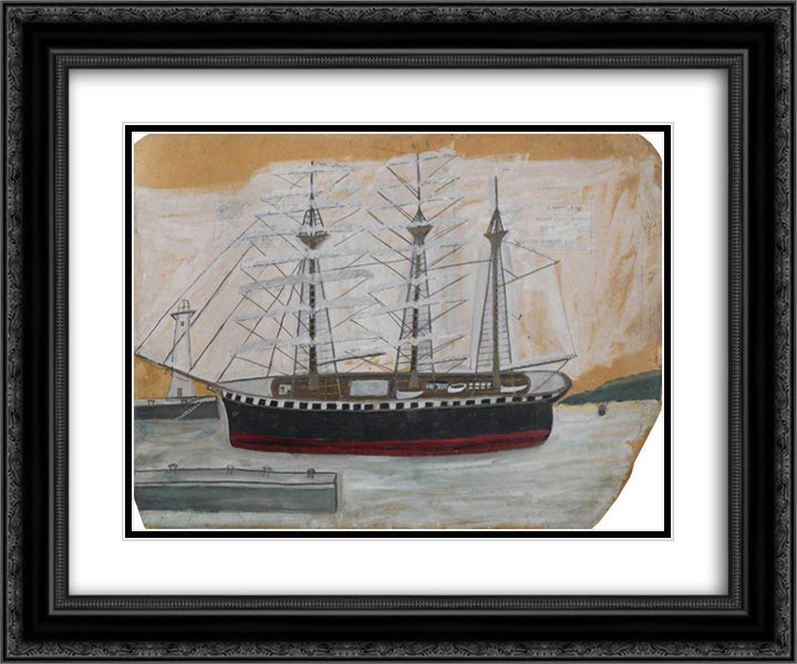 Three-Masted Ship near Lighthouse 24x20 Black Ornate Wood Framed Art Print Poster with Double Matting by Wallis, Alfred