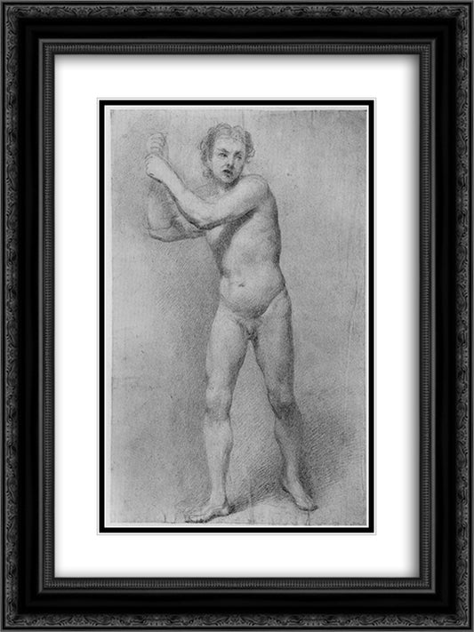 Nude Study of a striding man with stone sling 18x24 Black Ornate Wood Framed Art Print Poster with Double Matting by Ramsay, Allan