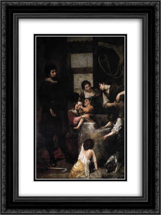 St. Isidore saves a child that had fallen in a well 18x24 Black Ornate Wood Framed Art Print Poster with Double Matting by Cano, Alonzo