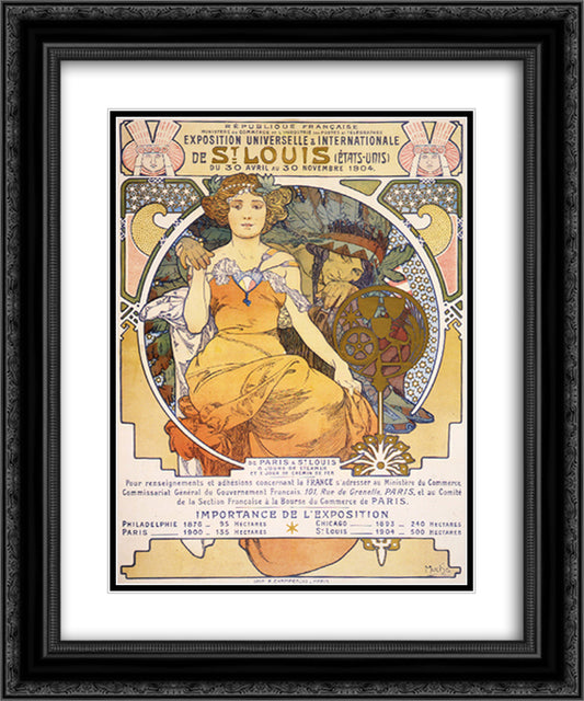 Art nouveau color lithograph poster showing a seated woman clasping the hand of a Native American 20x24 Black Ornate Wood Framed Art Print Poster with Double Matting by Mucha, Alphonse