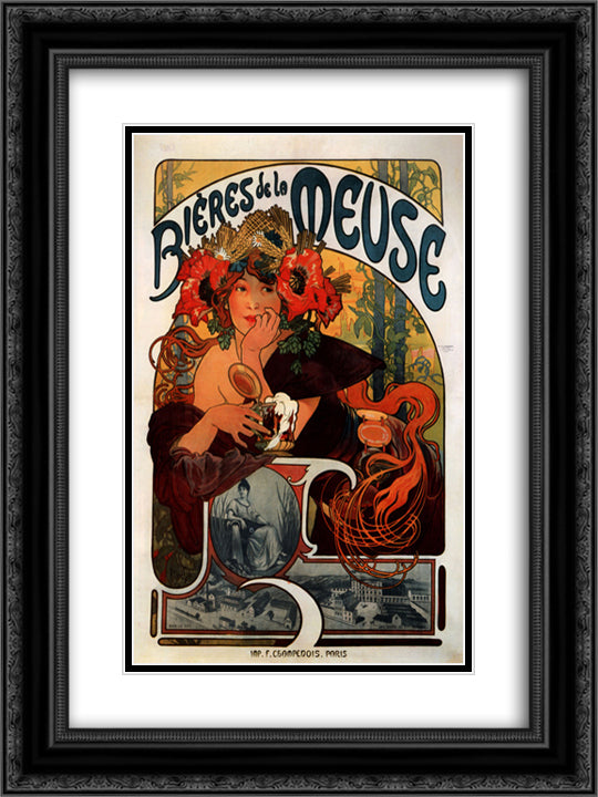 Beer of the Meuse 18x24 Black Ornate Wood Framed Art Print Poster with Double Matting by Mucha, Alphonse