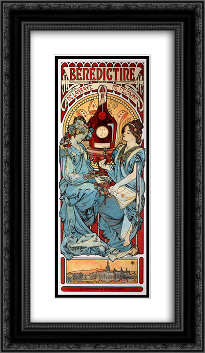 Benedictine 14x24 Black Ornate Wood Framed Art Print Poster with Double Matting by Mucha, Alphonse