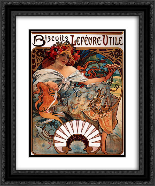 Biscuits Lefevre Utile 20x24 Black Ornate Wood Framed Art Print Poster with Double Matting by Mucha, Alphonse