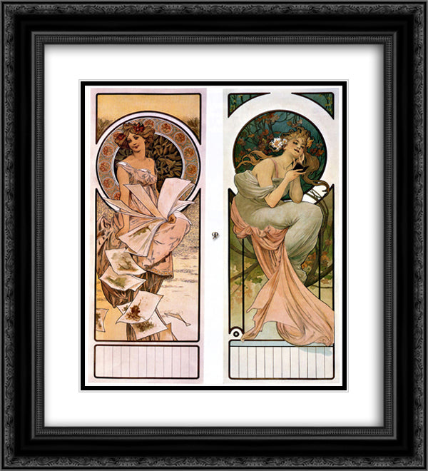 Calendar Champagne 20x22 Black Ornate Wood Framed Art Print Poster with Double Matting by Mucha, Alphonse