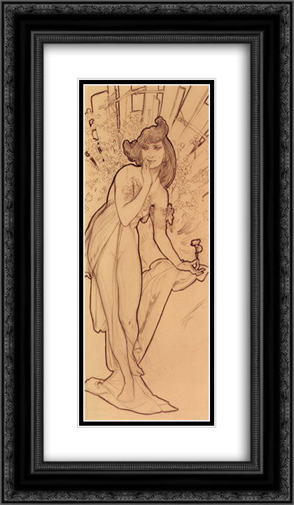 Carnation 14x24 Black Ornate Wood Framed Art Print Poster with Double Matting by Mucha, Alphonse