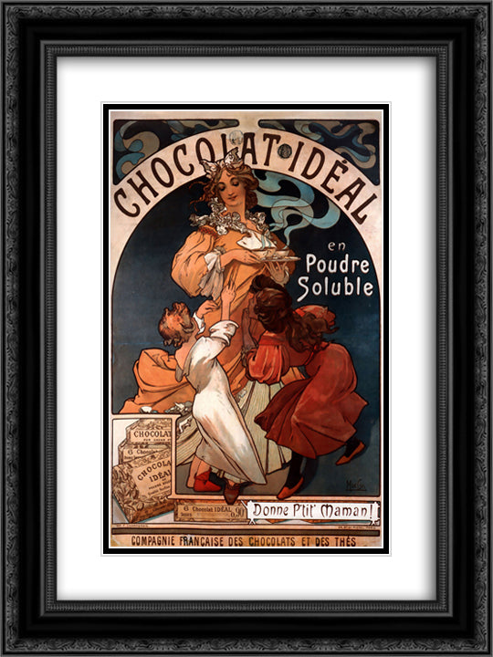 Chocolat Ideal 18x24 Black Ornate Wood Framed Art Print Poster with Double Matting by Mucha, Alphonse