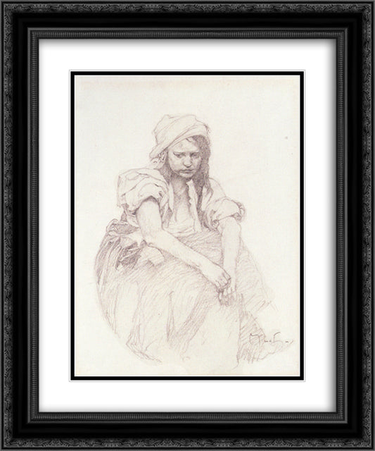 Contemplation 20x24 Black Ornate Wood Framed Art Print Poster with Double Matting by Mucha, Alphonse