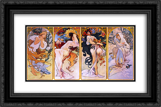 Cropped print of four panels each depicting one of the four seasons personified by a woman 24x16 Black Ornate Wood Framed Art Print Poster with Double Matting by Mucha, Alphonse