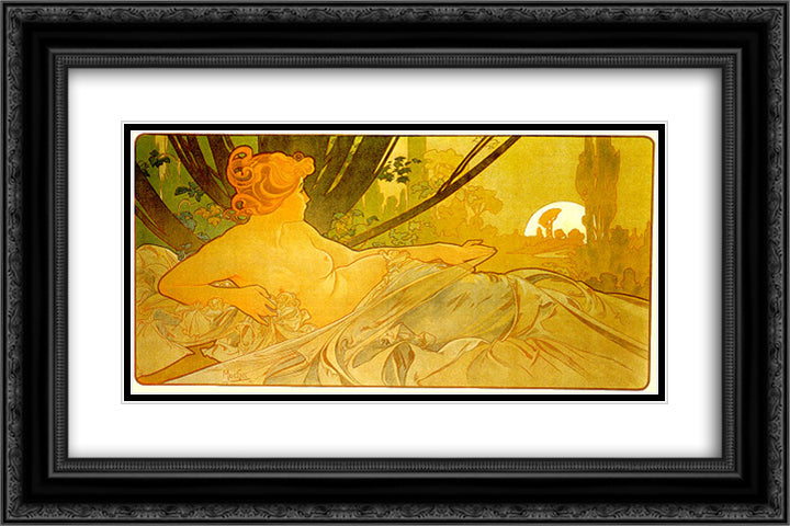 Dawn 24x16 Black Ornate Wood Framed Art Print Poster with Double Matting by Mucha, Alphonse