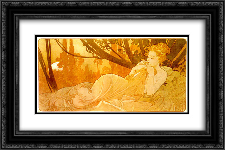 Dusk 24x16 Black Ornate Wood Framed Art Print Poster with Double Matting by Mucha, Alphonse