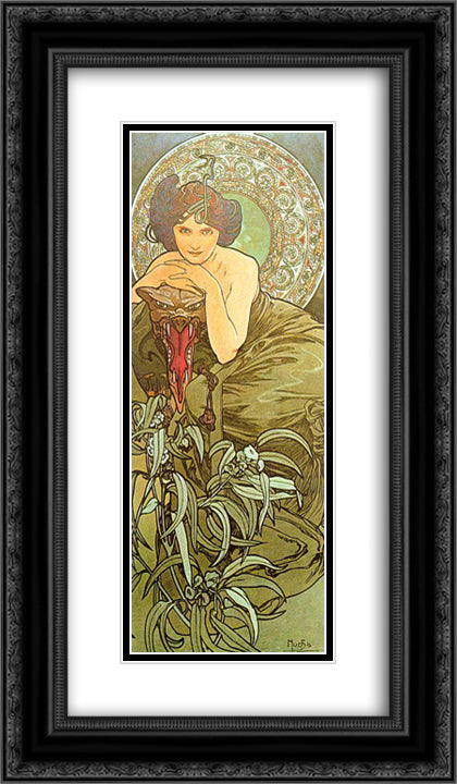 Emerald 14x24 Black Ornate Wood Framed Art Print Poster with Double Matting by Mucha, Alphonse