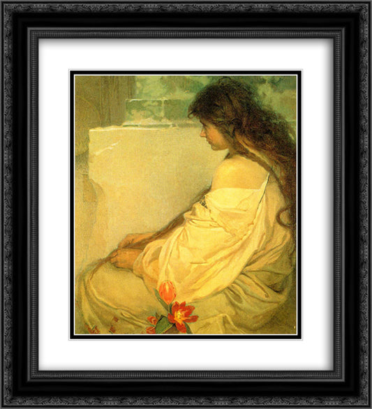 Girl with Loose Hair and Tulips 20x22 Black Ornate Wood Framed Art Print Poster with Double Matting by Mucha, Alphonse