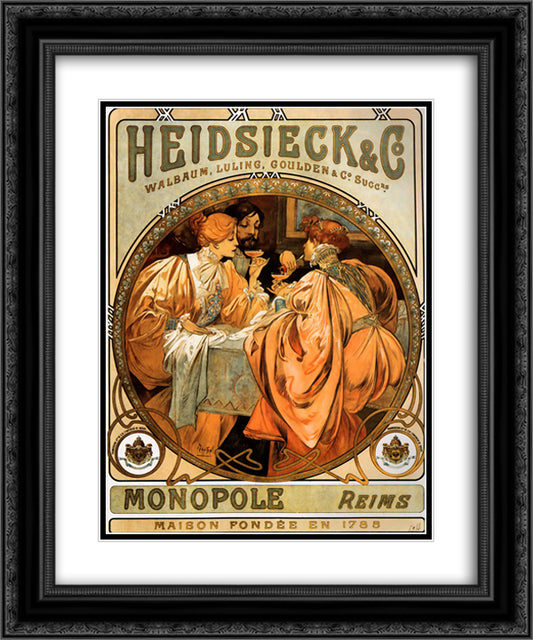 Heidsieck 20x24 Black Ornate Wood Framed Art Print Poster with Double Matting by Mucha, Alphonse