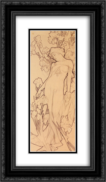 Iris 14x24 Black Ornate Wood Framed Art Print Poster with Double Matting by Mucha, Alphonse