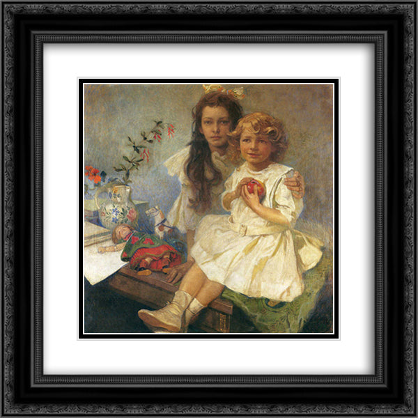 Jaroslava and Jiri The Artist s Children 20x20 Black Ornate Wood Framed Art Print Poster with Double Matting by Mucha, Alphonse