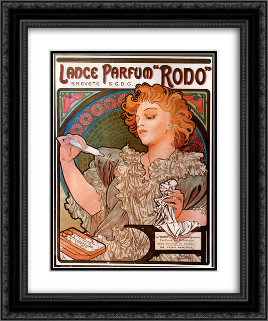 Lance parfum Rodo 20x24 Black Ornate Wood Framed Art Print Poster with Double Matting by Mucha, Alphonse