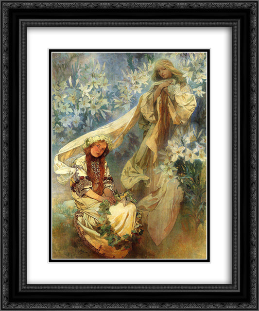 Madonna of the Lilies 20x24 Black Ornate Wood Framed Art Print Poster with Double Matting by Mucha, Alphonse