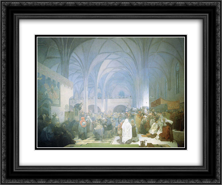 Master Jan Hus Preaching at the Bethlehem Chapel 24x20 Black Ornate Wood Framed Art Print Poster with Double Matting by Mucha, Alphonse