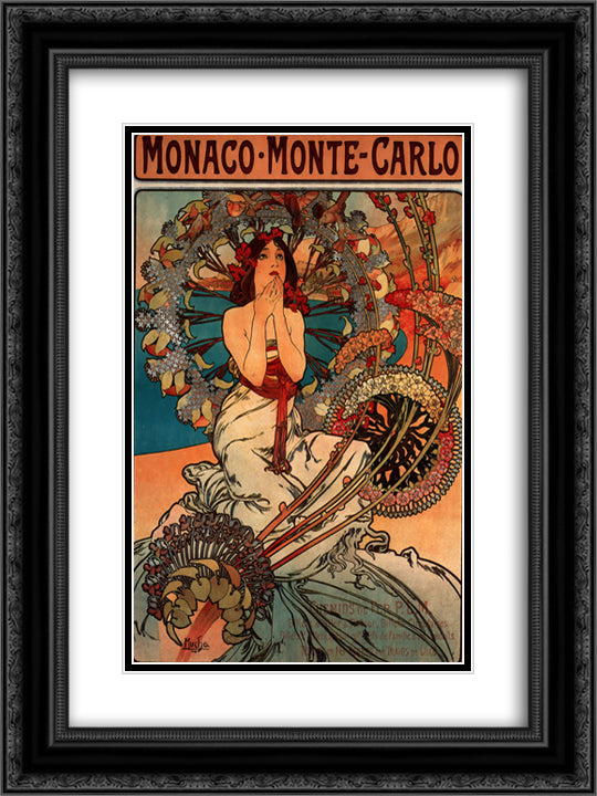 Monaco Monte Carlo 18x24 Black Ornate Wood Framed Art Print Poster with Double Matting by Mucha, Alphonse